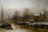 Snow covered barges on the Singel Amsterdam by Johannes Christiaan Karel Klinkenberg